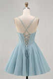 Grey Blue Corset A Line Spaghetti Straps Homecoming Dress
