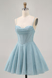 Grey Blue Corset A Line Spaghetti Straps Homecoming Dress