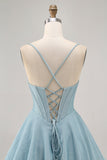 Grey Blue Corset A Line Spaghetti Straps Homecoming Dress