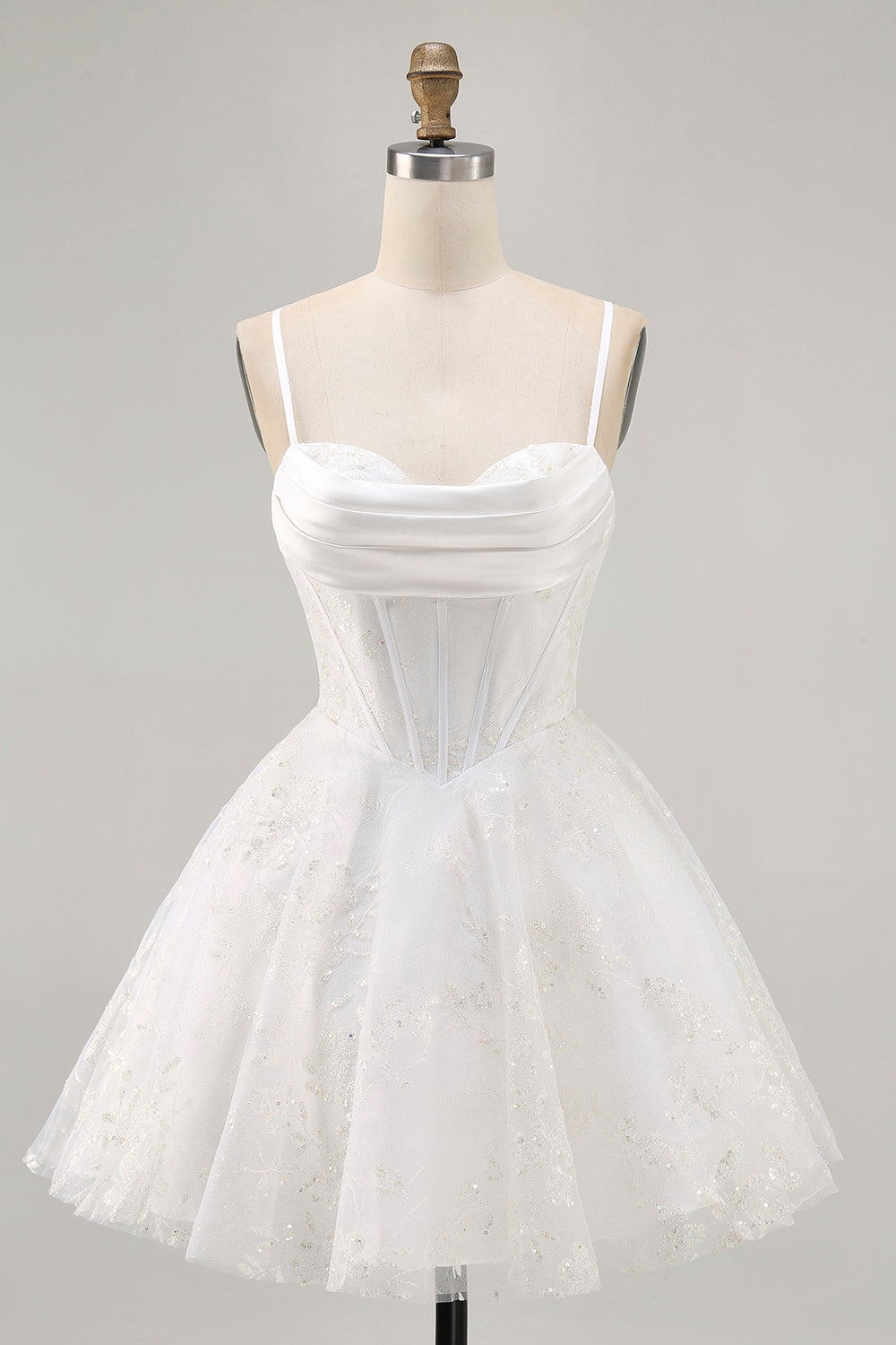 White A-Line Corset Spaghetti Straps Satin Homecoming Dress with Appliques