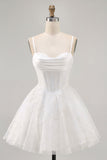 White A-Line Corset Spaghetti Straps Satin Homecoming Dress with Appliques