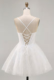 White A-Line Corset Spaghetti Straps Satin Homecoming Dress with Appliques