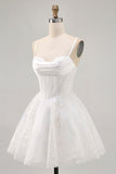 White A-Line Corset Spaghetti Straps Satin Homecoming Dress with Appliques