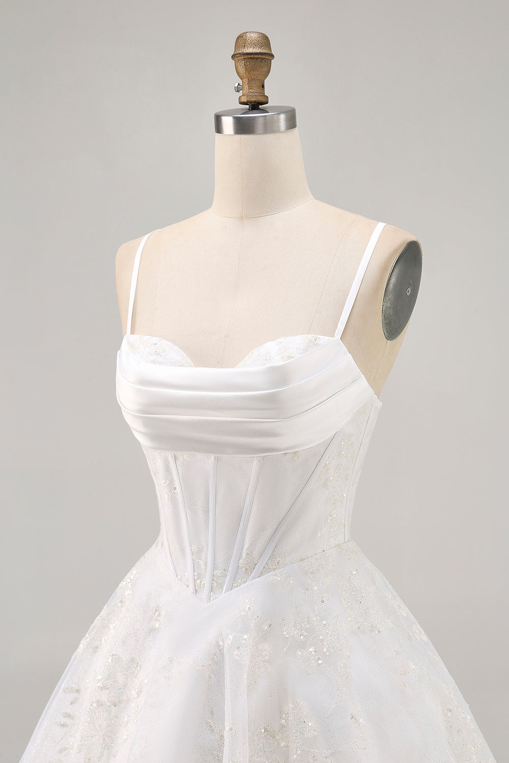 White A-Line Corset Spaghetti Straps Satin Homecoming Dress with Appliques