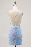 Sparkly Blue One Shoulder Short Homecoming Dress with Slit
