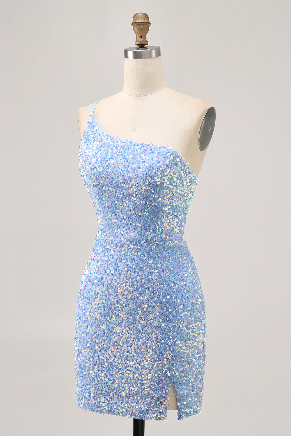 Sparkly Blue One Shoulder Short Homecoming Dress with Slit