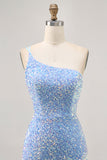 Sparkly Blue One Shoulder Short Homecoming Dress with Slit
