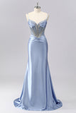 Sparkly Grey Blue Spaghetti Straps Mermaid Satin Prom Dress with Rhinestones