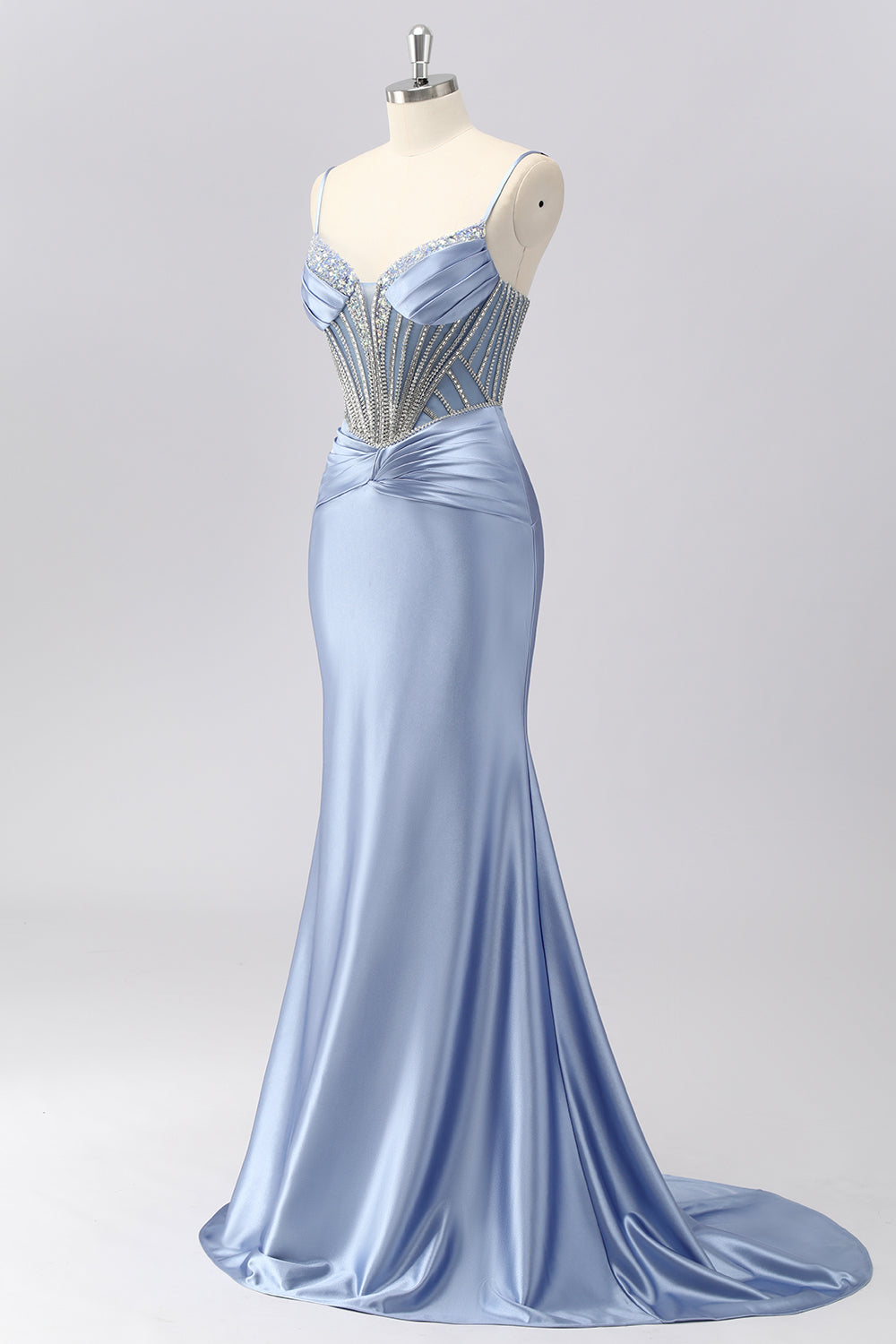 Sparkly Grey Blue Spaghetti Straps Mermaid Satin Prom Dress with Rhinestones