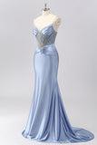 Sparkly Grey Blue Spaghetti Straps Mermaid Satin Prom Dress with Rhinestones