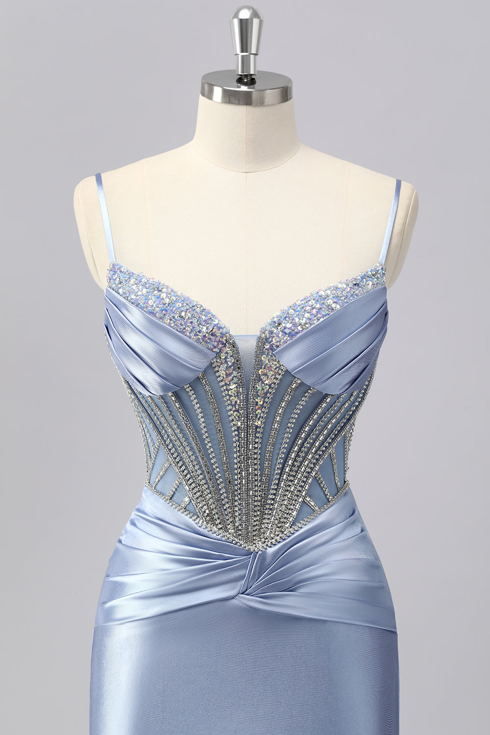 Sparkly Grey Blue Spaghetti Straps Mermaid Satin Prom Dress with Rhinestones