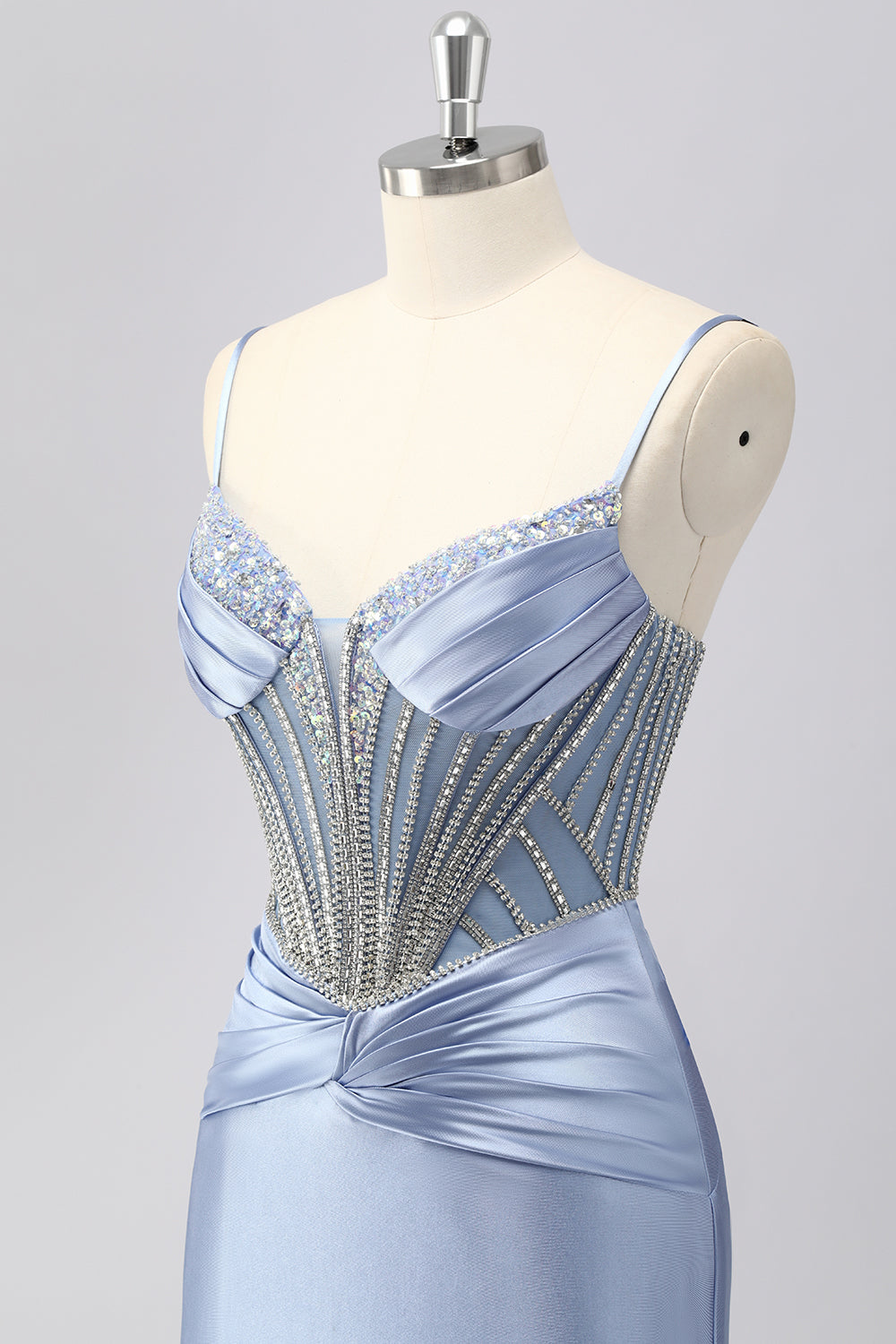 Sparkly Grey Blue Spaghetti Straps Mermaid Satin Prom Dress with Rhinestones