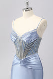 Sparkly Grey Blue Spaghetti Straps Mermaid Satin Prom Dress with Rhinestones