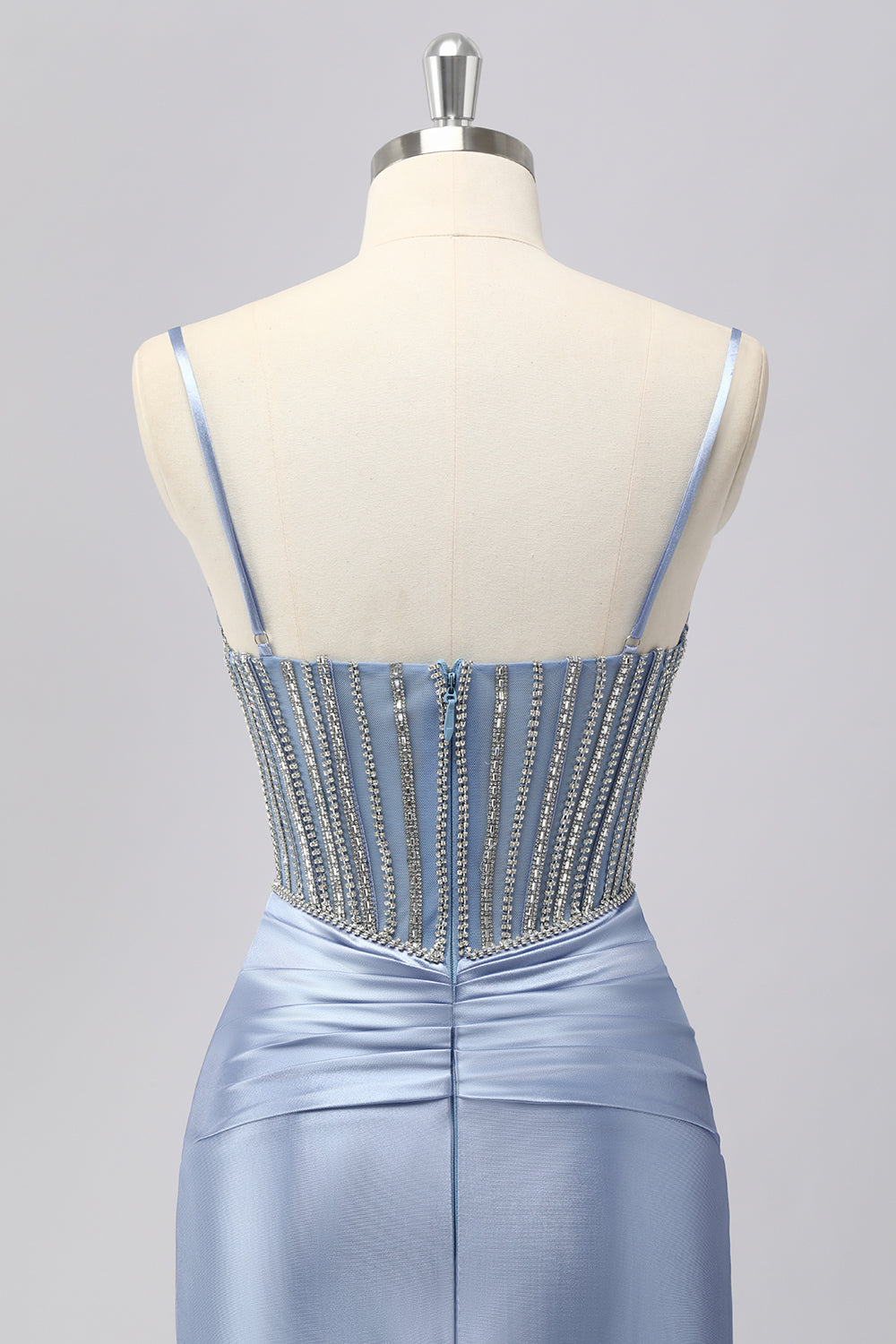 Sparkly Grey Blue Spaghetti Straps Mermaid Satin Prom Dress with Rhinestones