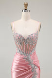 Blush Mermaid Corset Sequin Long Prom Dress with Ruffled Slit