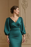 Mermaid Satin V Neck Navy Wedding Guest Dress with 3/4 Sleeves