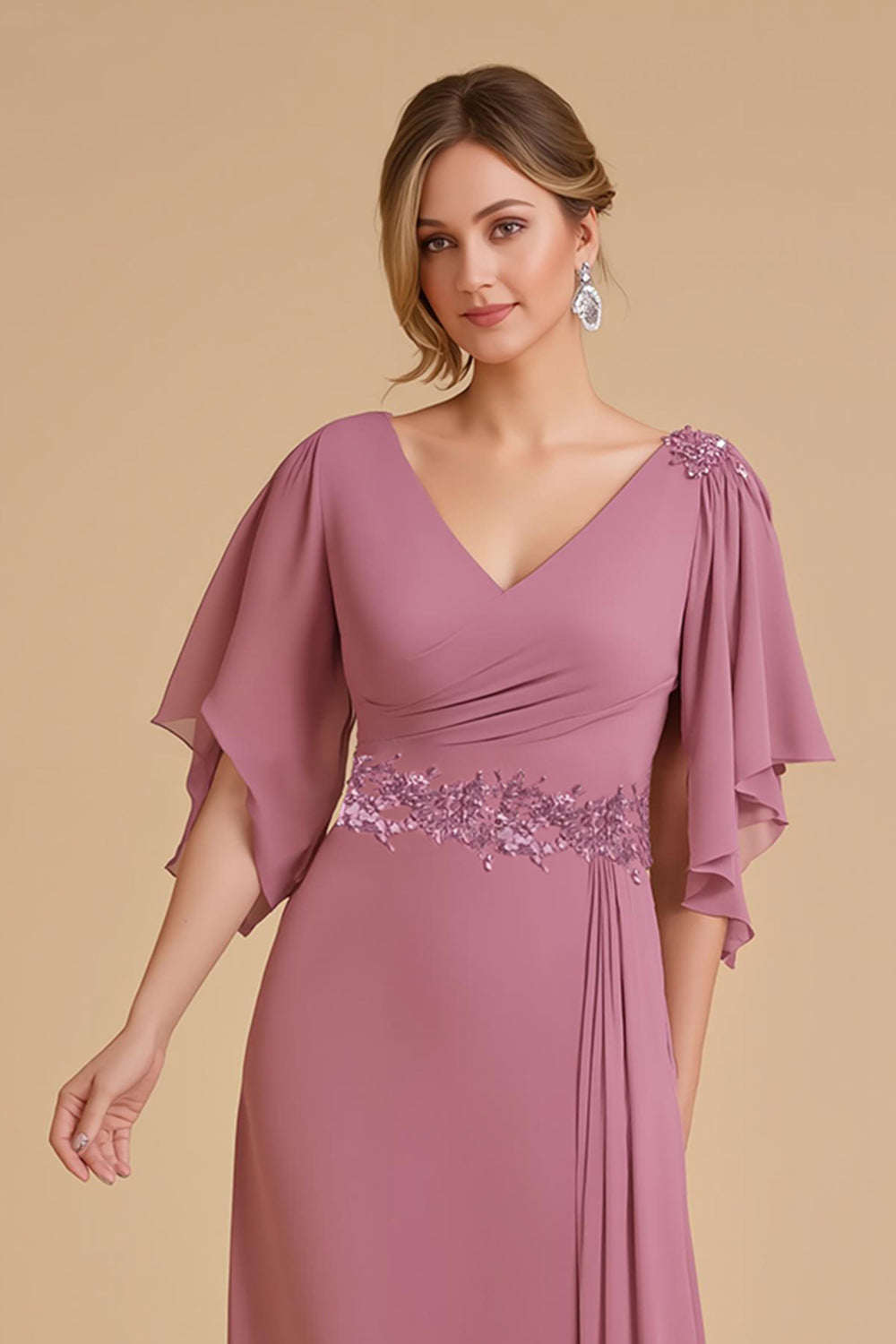 Dusty Rose A Line Flutter Sleeve Chiffon Wedding Guest Dress with Appliques