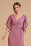 Dusty Rose A Line Flutter Sleeve Chiffon Wedding Guest Dress with Appliques