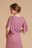 Dusty Rose A Line Flutter Sleeve Chiffon Wedding Guest Dress with Appliques