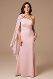 Candy Pink One Shoulder Chiffon Wedding Guest Dress with Streamer