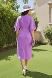 Purple Ruched V Neck Midi Wedding Guest Dress with Flutter Sleeves