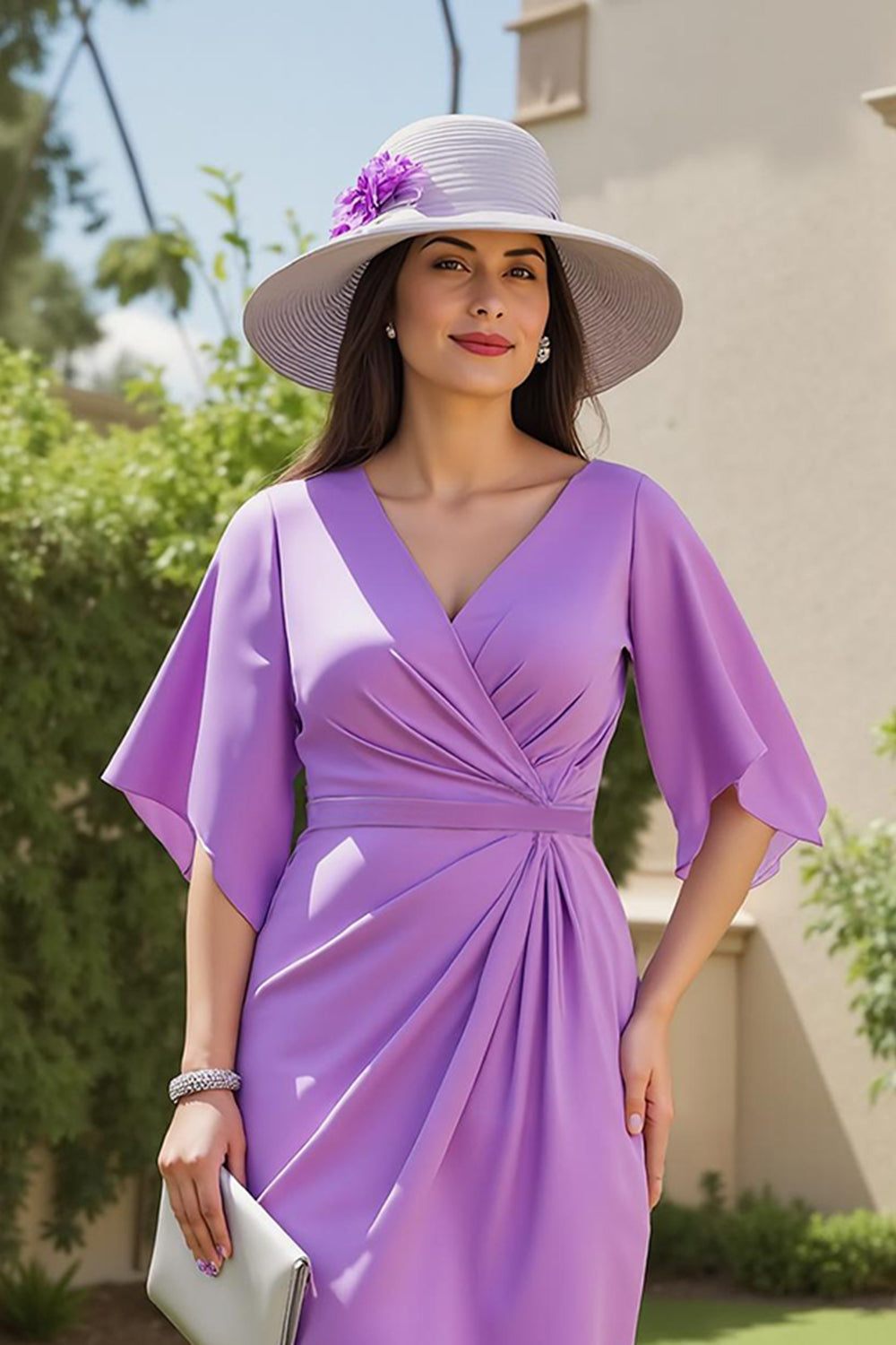 Purple Ruched V Neck Midi Wedding Guest Dress with Flutter Sleeves