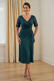 Pine Sheath V Neck Ruched Midi Wedding Guest Dress with Lace