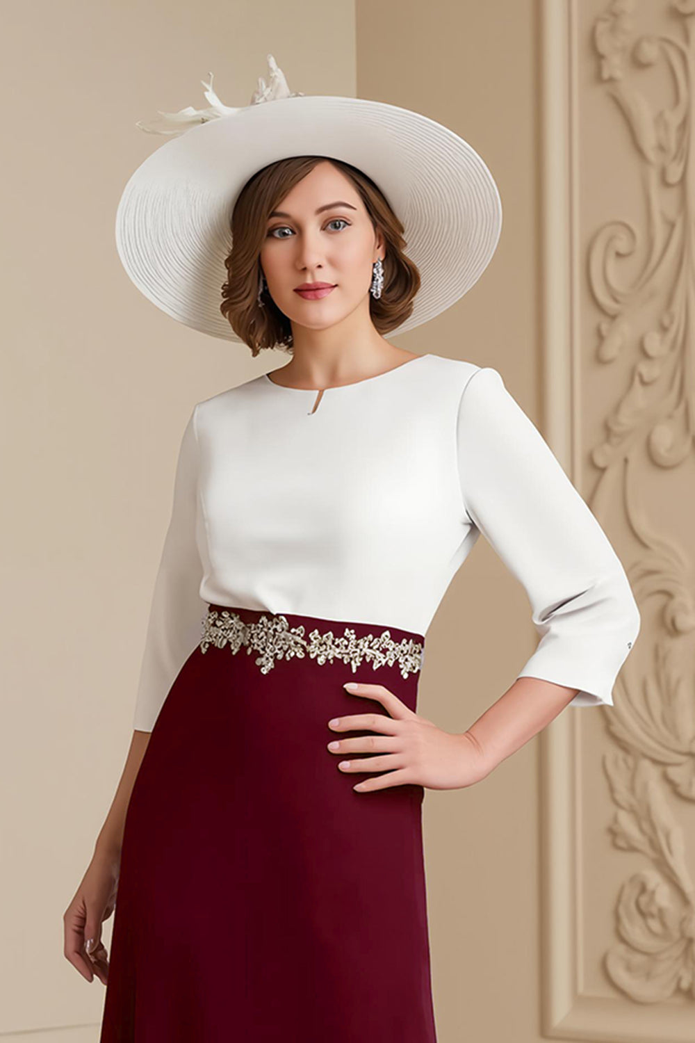 Grape 3/4 Sleeve Bateau Neck A Line Midi Wedding Guest Dress