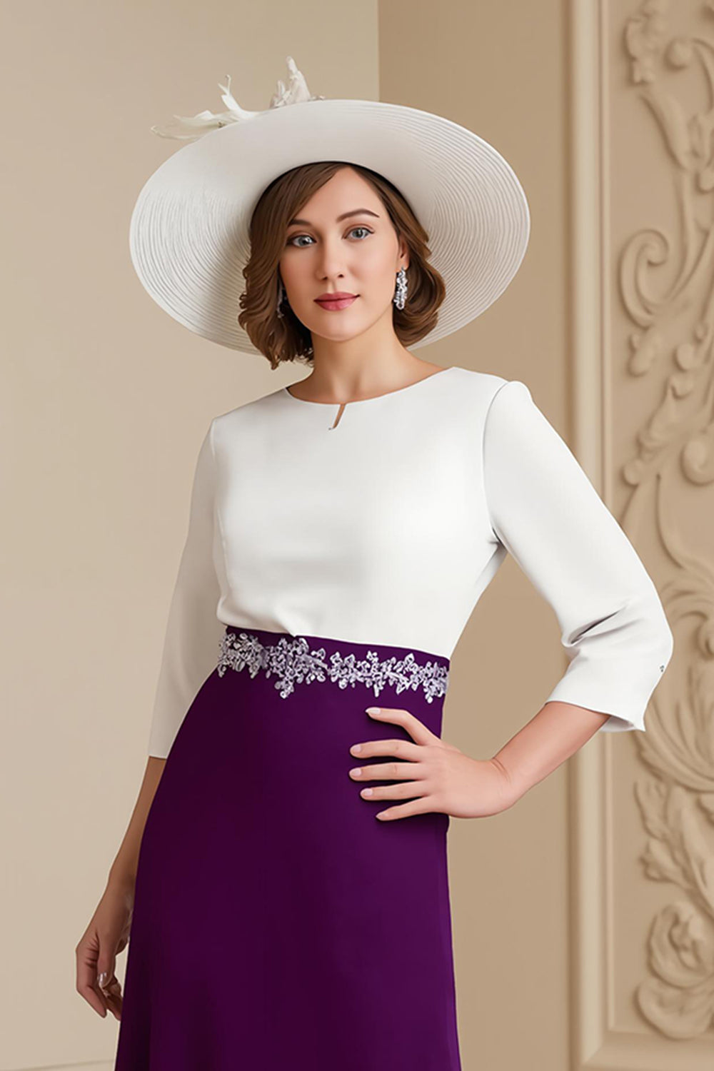 Grape 3/4 Sleeve Bateau Neck A Line Midi Wedding Guest Dress