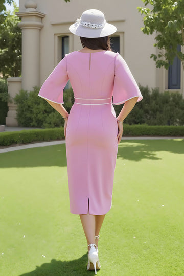 Candy Pink Ruched Half Sleeves Midi Mother of the Bride Dress with Slit