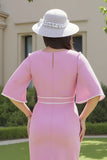 Candy Pink Ruched Half Sleeves Midi Mother of the Bride Dress with Slit