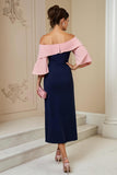 Navy Off the Shoulder Sheath Appliqued Midi Mother of the Bride Dress with Slit
