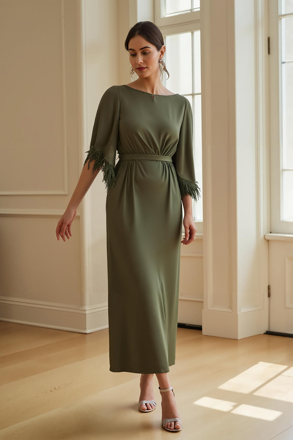 Olive Sheath Boat Neck Long Mother of the Bride Dress with Feathers