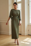 Olive Sheath Boat Neck Long Mother of the Bride Dress with Feathers