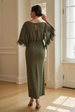Olive Sheath Boat Neck Long Mother of the Bride Dress with Feathers