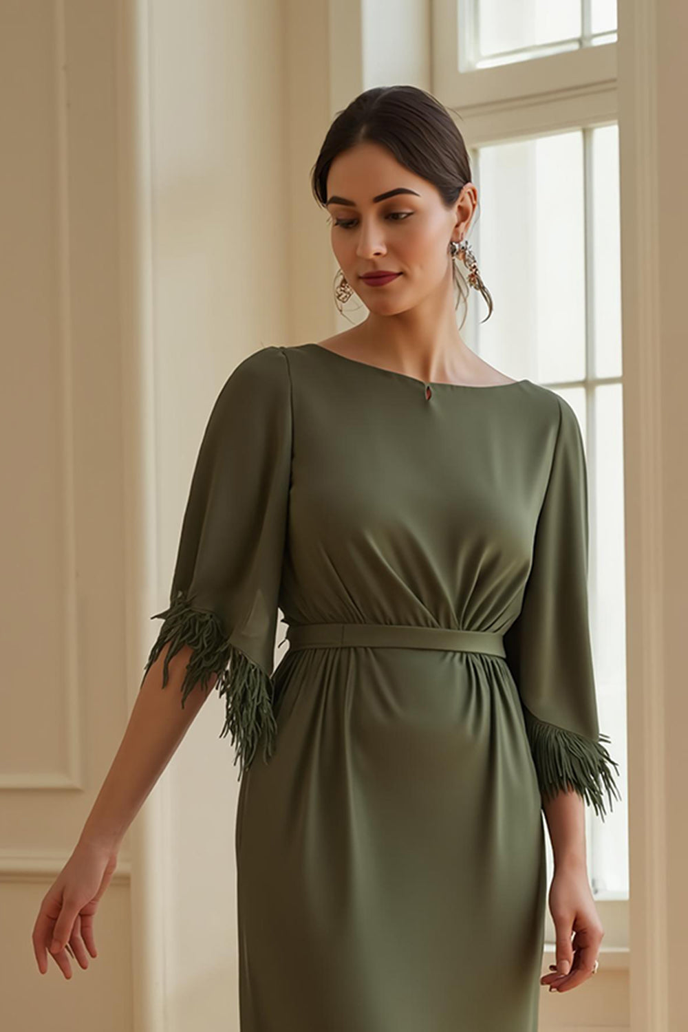 Olive Sheath Boat Neck Long Mother of the Bride Dress with Feathers