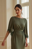 Olive Sheath Boat Neck Long Mother of the Bride Dress with Feathers