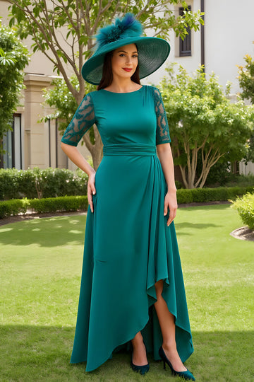 Pine A Line Round Neck Half Sleeves High-Low Mother of the Bride Dress