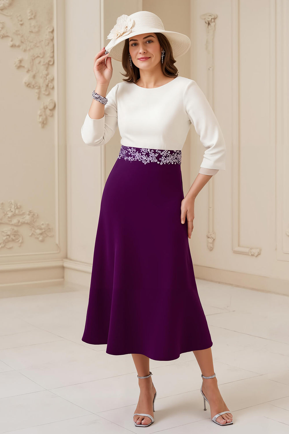 Navy A Line Round Neck 3/4 Sleeves Midi Mother of the Bride Dress with Appliques