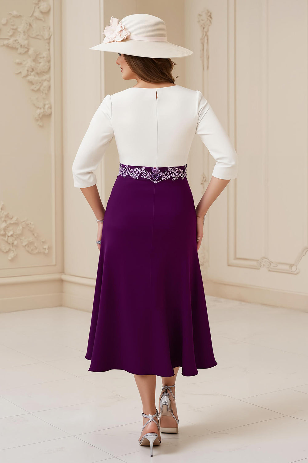 Navy A Line Round Neck 3/4 Sleeves Midi Mother of the Bride Dress with Appliques