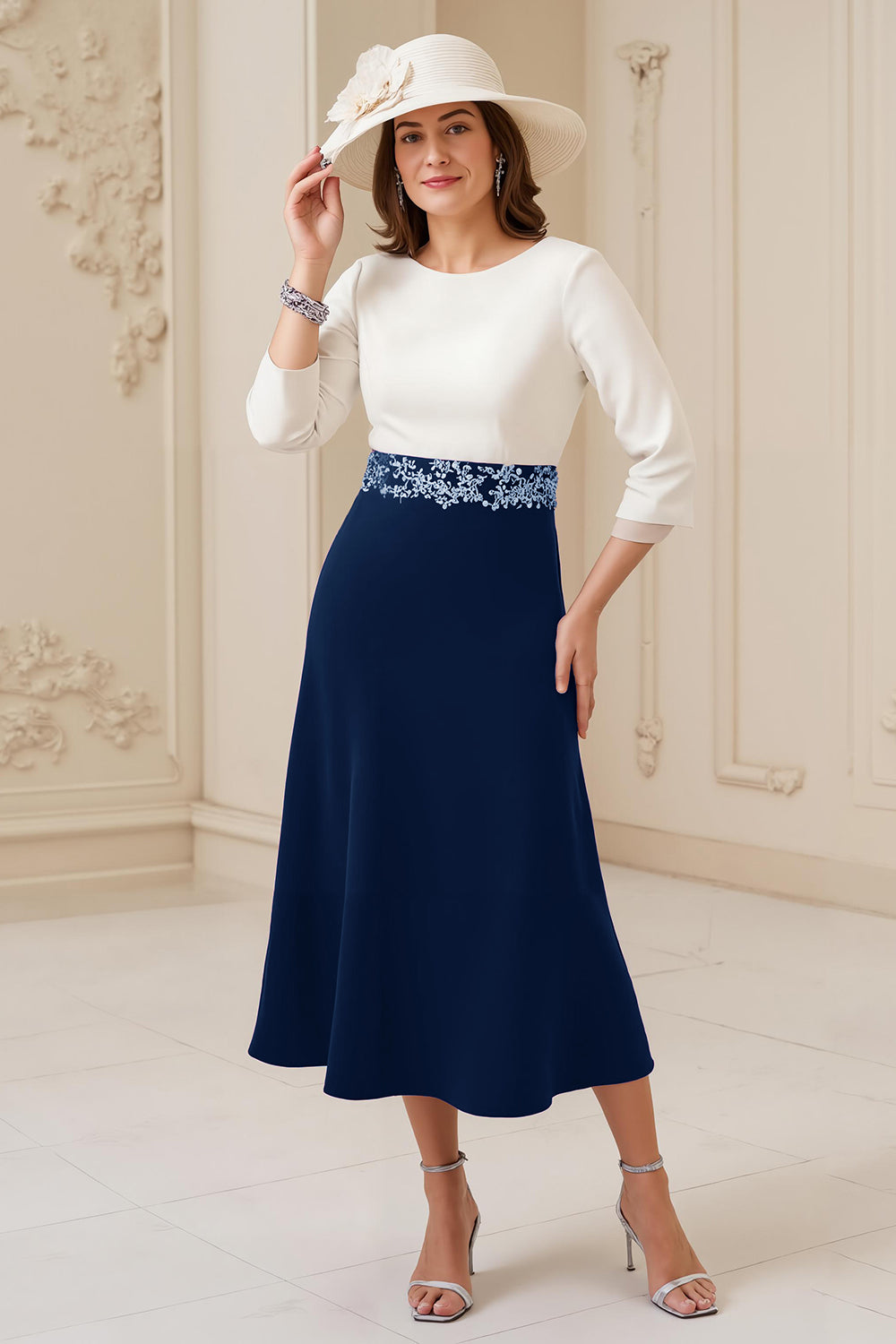 Navy A Line Round Neck 3/4 Sleeves Midi Mother of the Bride Dress with Appliques