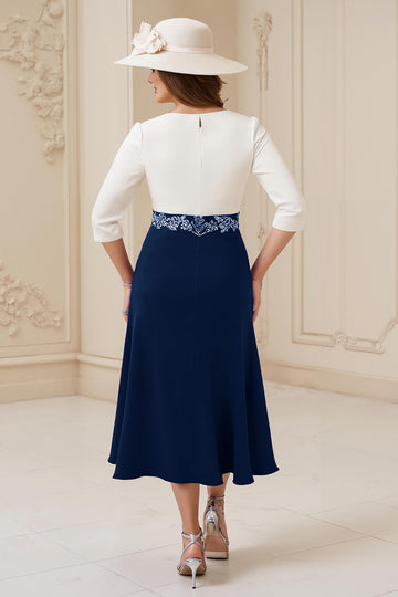 Navy A Line Round Neck 3/4 Sleeves Midi Mother of the Bride Dress with Appliques