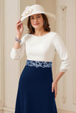 Navy A Line Round Neck 3/4 Sleeves Midi Mother of the Bride Dress with Appliques