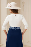Navy A Line Round Neck 3/4 Sleeves Midi Mother of the Bride Dress with Appliques