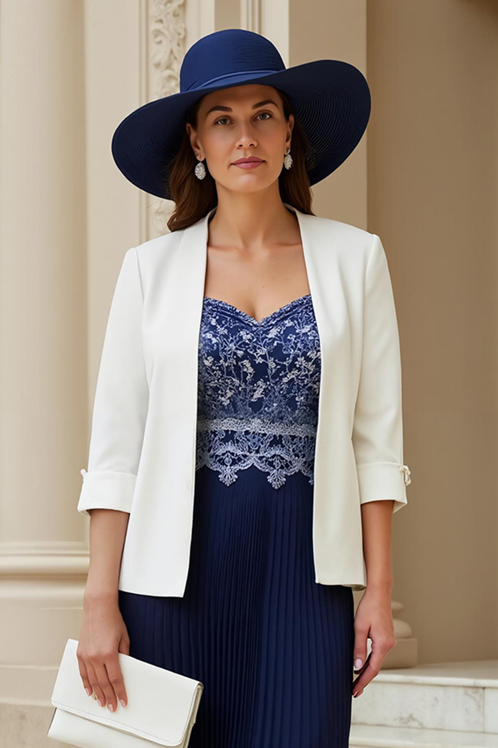 Navy A Line Pleated 2-Piece Midi Mother of the Bride Dress with Lace