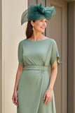 Eucalyptus Satin Round Neck High-Low Mother of the Bride Dress