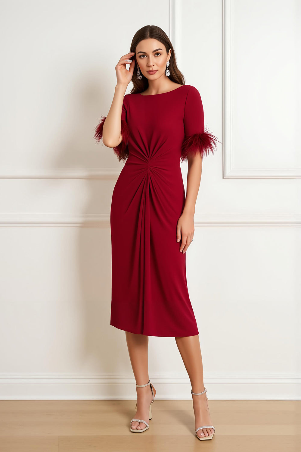 Dark Red Sheath Boat Neck Ruched Mother of the Bride Dress with Feathers