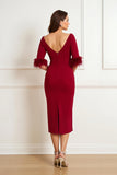 Dark Red Sheath Boat Neck Ruched Mother of the Bride Dress with Feathers