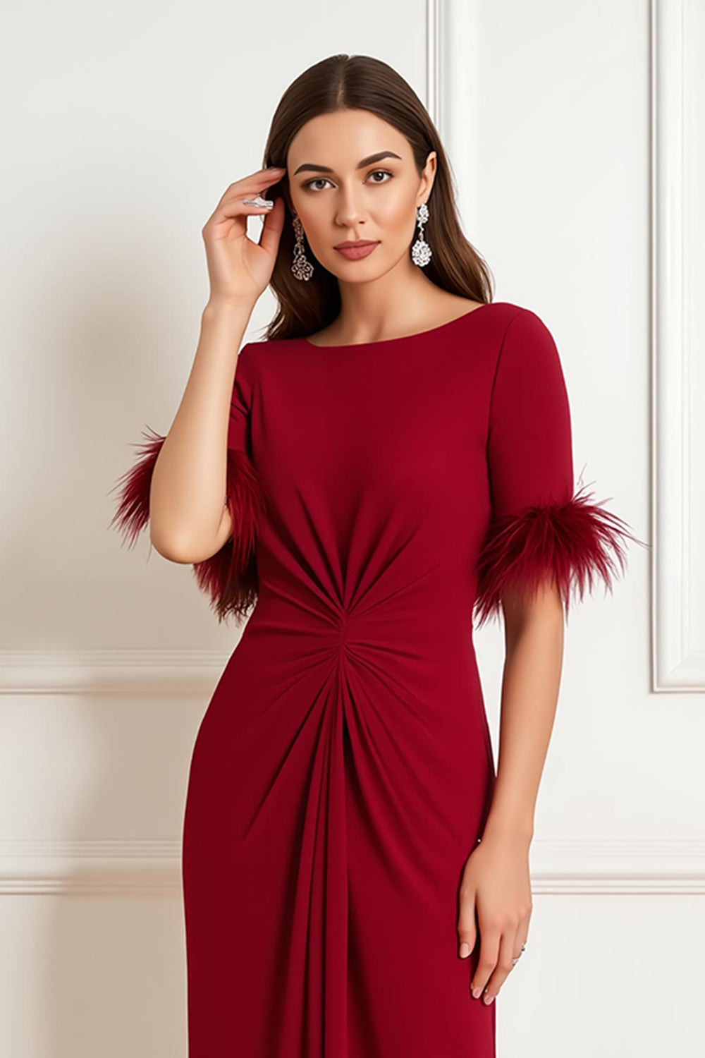Dark Red Sheath Boat Neck Ruched Mother of the Bride Dress with Feathers