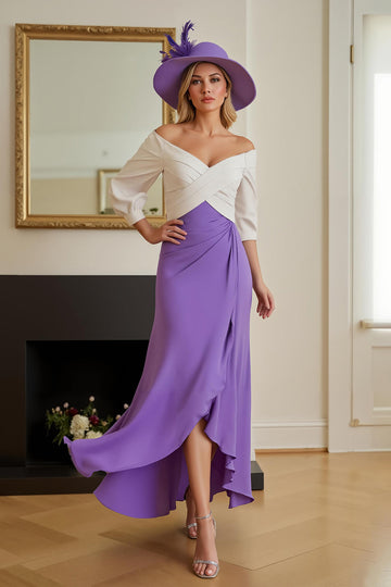 Purple Chiffon High-Low A Line Off the Shoulder Mother of the Bride Dress